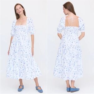 Hill House Home Sz Large Nesli Nap Dress Smocked Tiered Blue Botanical Cotton